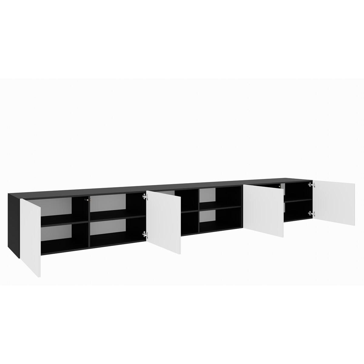 Szafka RTV LION 300 cm otwarta z półkami, do salonu -czarny + biały