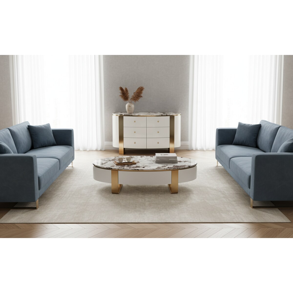 Stolik kawowy biały/ ława Sofia na złotych nogach z kamiennym blatem 150x80x38