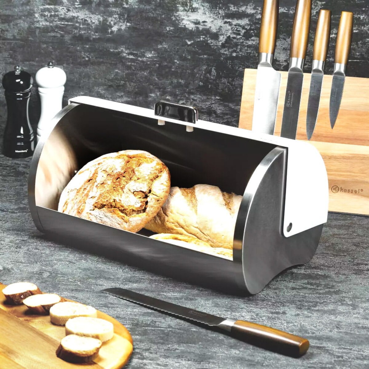 Chlebak stalowy pojemnik na chleb pieczywo bułki biały KLAUSBERG