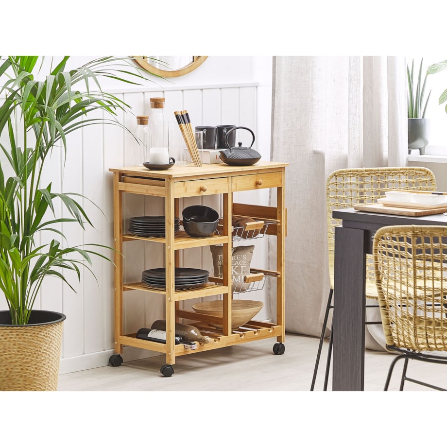 Bambusowy wózek kuchenny 2 szuflady jasne drewno MORINO