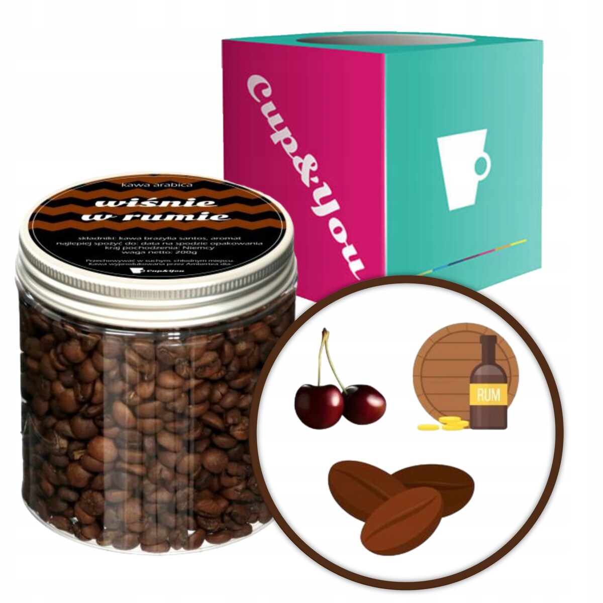 Kawa aromatyzowana smakowa WIŚNIE W RUMIE ziarnista ARABICA Cup&You 200g na prezent upominek dla kobiety mężczyzny faceta mamy taty żony męża