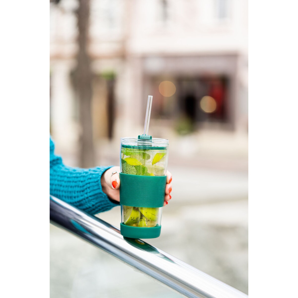 Kubek termiczny szklany ze słomką 600 ml zielony Fuori 30398