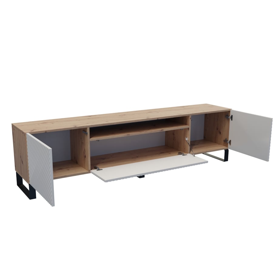 Szafka RTV NIKOL 200cm na metalowych nogach, frezowane fronty-biała+artisan