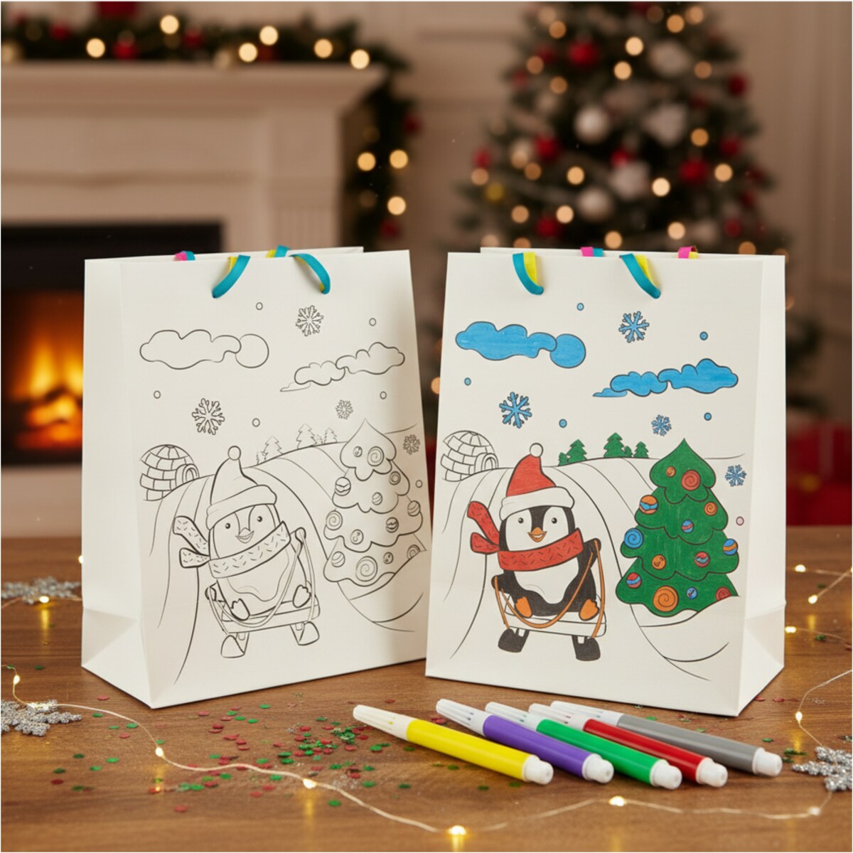 Torebka Prezentowa Na Prezent Do Kolorowania Dla Dzieci 32X26X10 Cm Pingwin Na Sankach