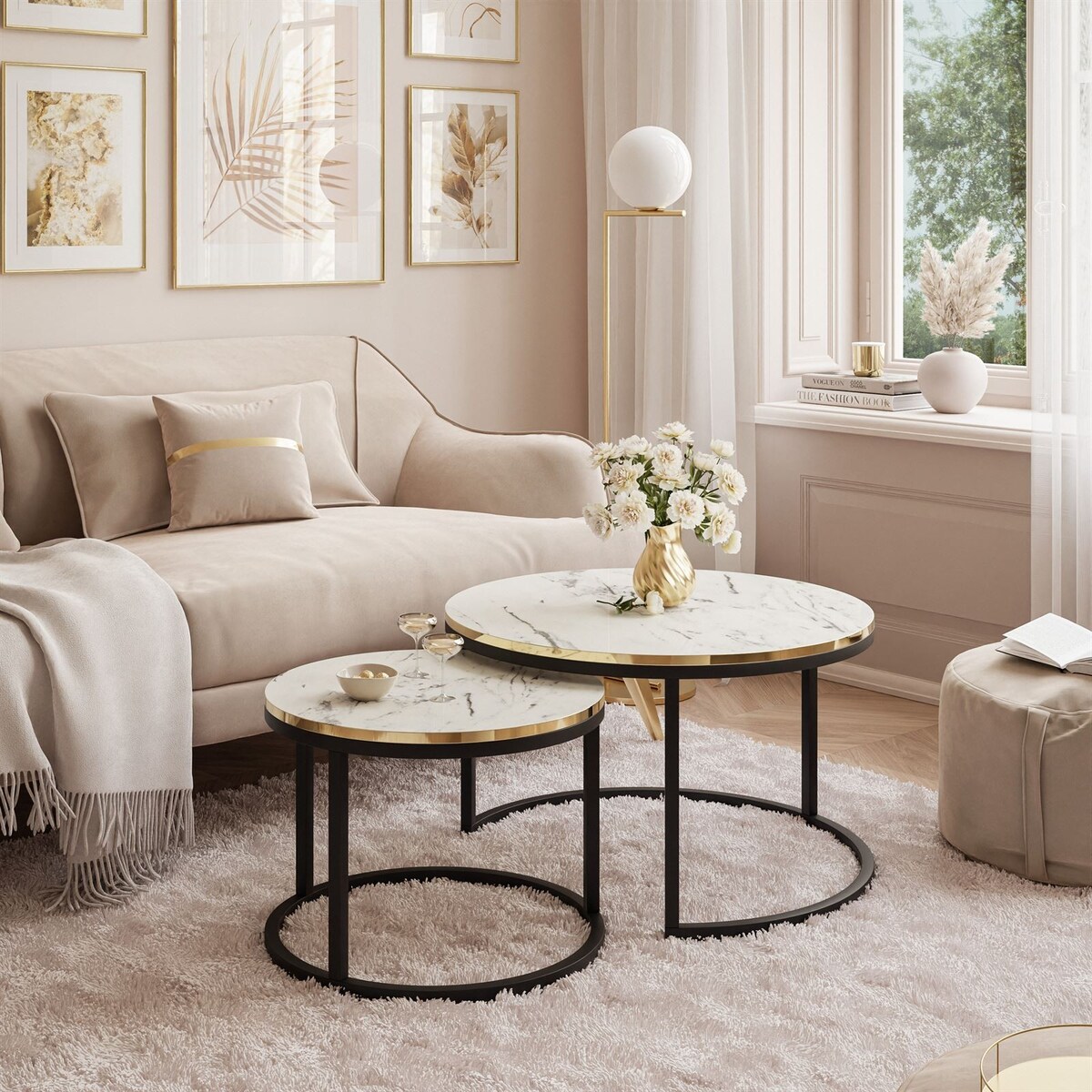 Okrągły stolik kawowy SOLEIL 2w1 czarny marmur carrara