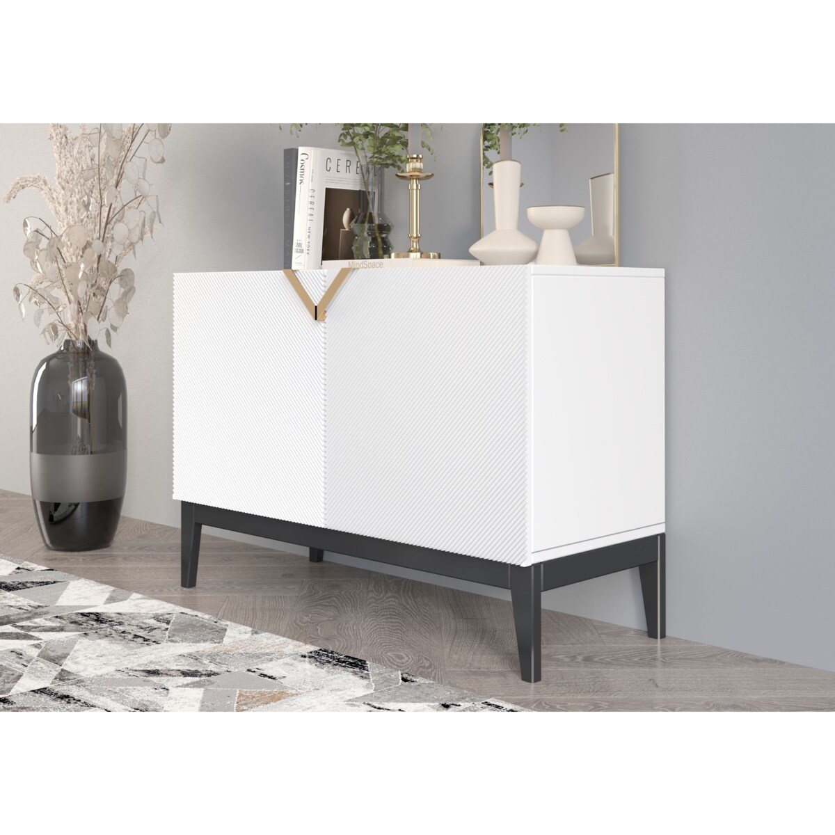 Drewniana komoda Visby DEMI LONG 2D / kolor biały + czarne nogi / szer. 100,5 cm