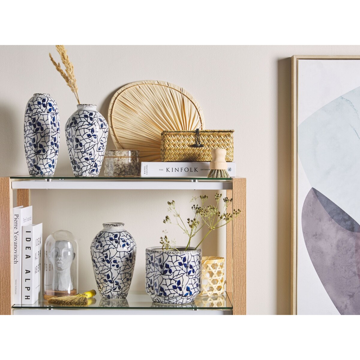 Wazon na kwiaty ceramiczny 20 cm biały z niebieskim MALLIA