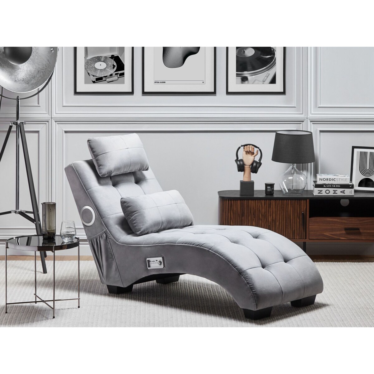 Szezlong welurowy z głośnikiem Bluetooth i portem USB szary SIMORRE