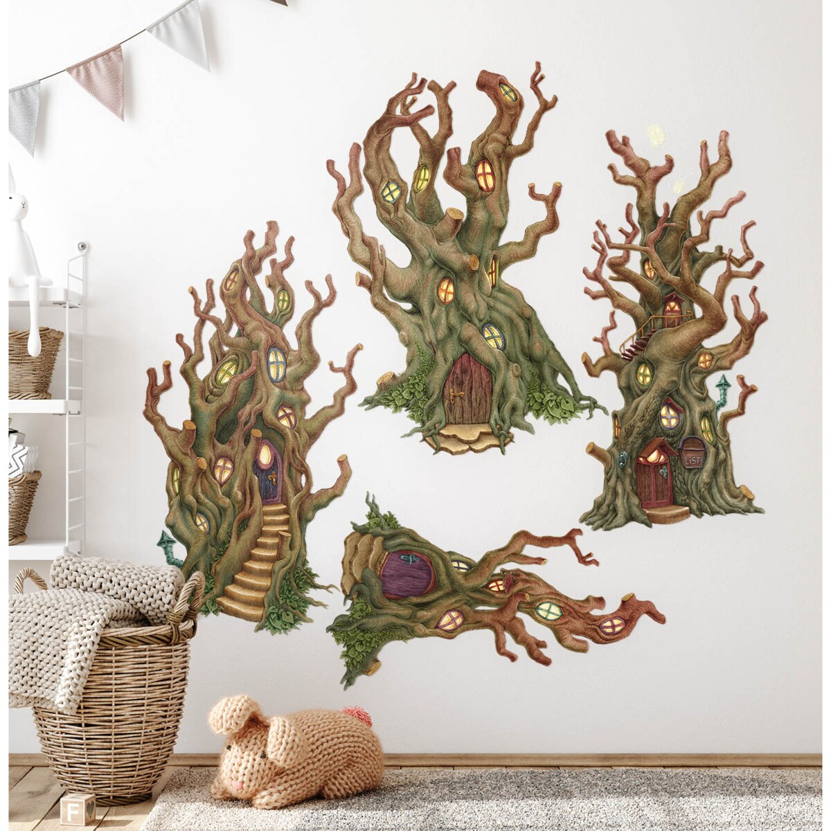 Zestaw naklejek na ścianę, Leśne domki, 80cm