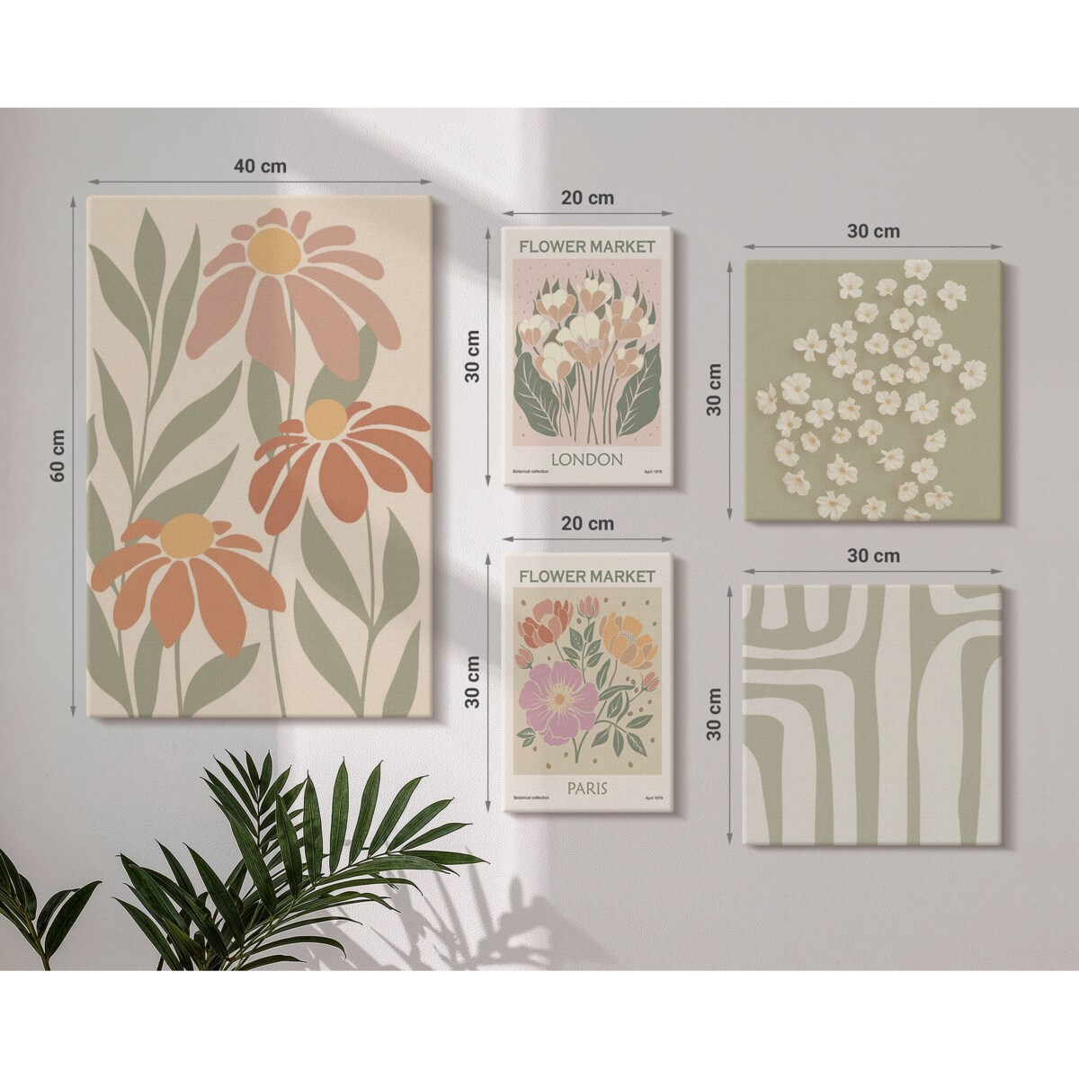 Zestaw 5 obrazów na płótnie - Kwiatowe wzory Londyn Paryż boho - zielony