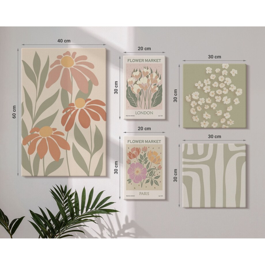 Zestaw 5 obrazów na płótnie - Kwiatowe wzory Londyn Paryż boho - zielony