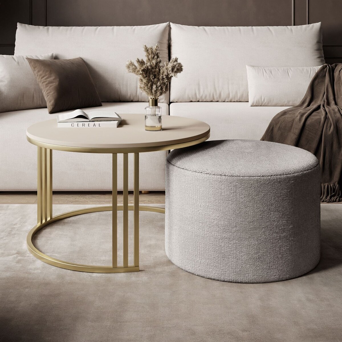 Stolik kawowy z pufą LORI MAT złoto szczotkowane, kaszmir mat / Perfect Harmony 82