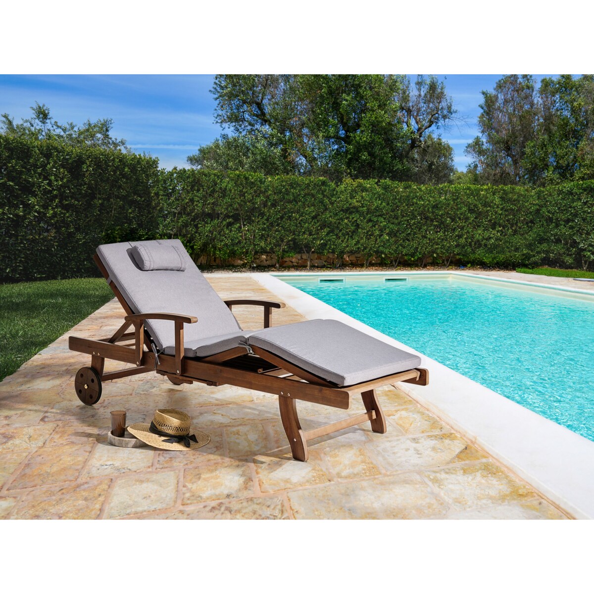 Leżak ogrodowy z poduszką AMANTEA PREMIUM Drewno akacjowe Szary melanż