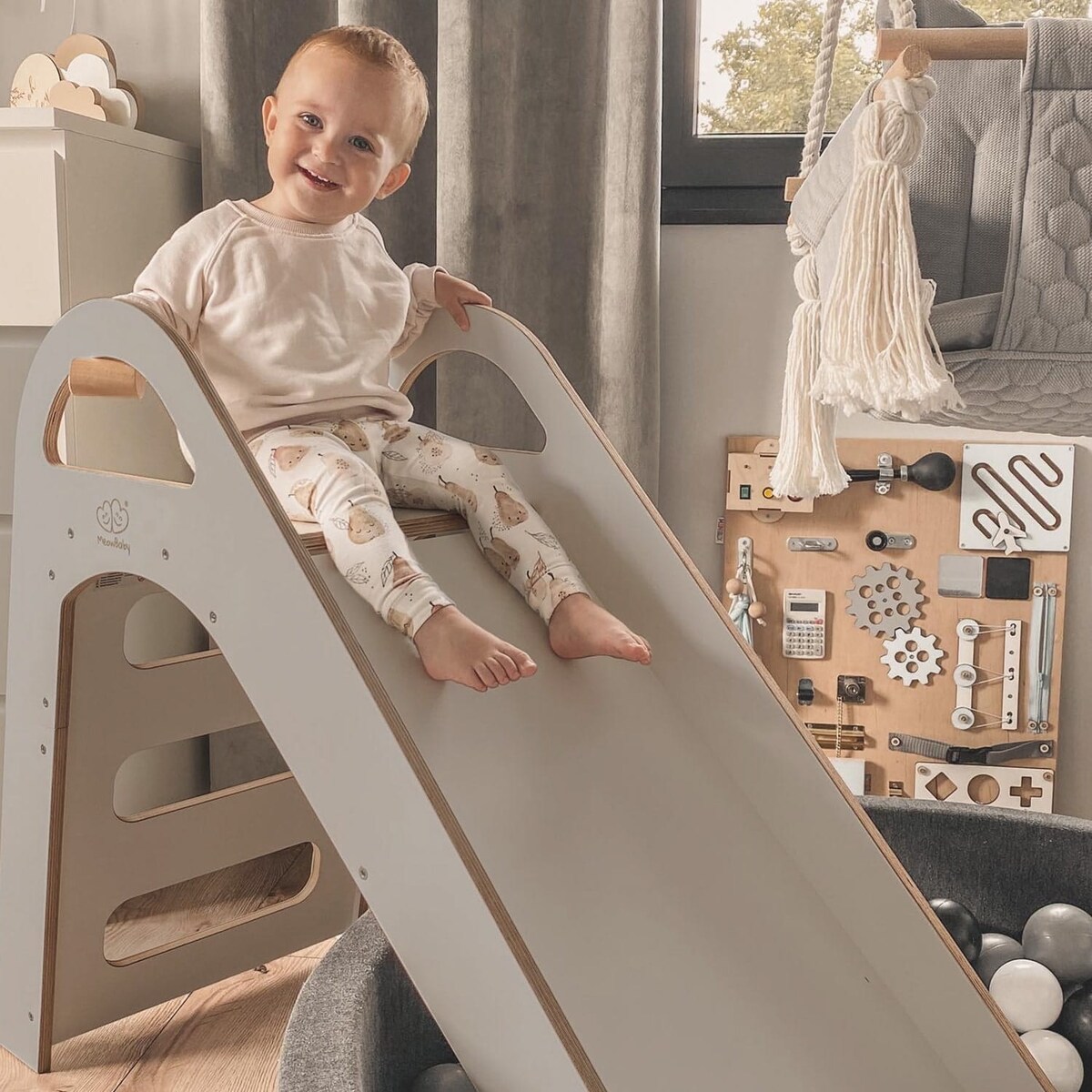 MeowBaby® Drewniana Zjeżdżalnia dla Dziecka do pokoju 87x46cm Montessori, Szara