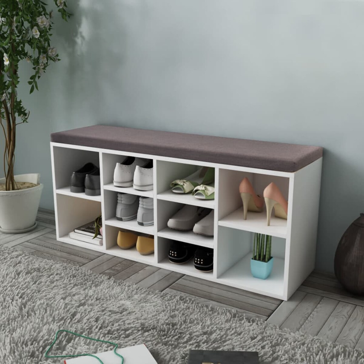 vidaXL Ławka z półką na buty, 10 przegródek, biała