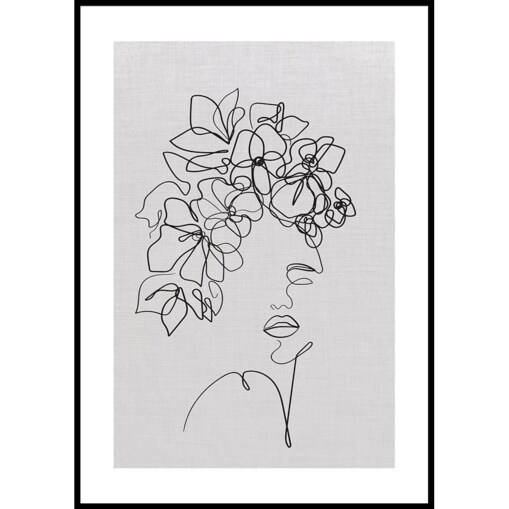 plakat line art dziewczyna z kwiatami len 30x40 cm