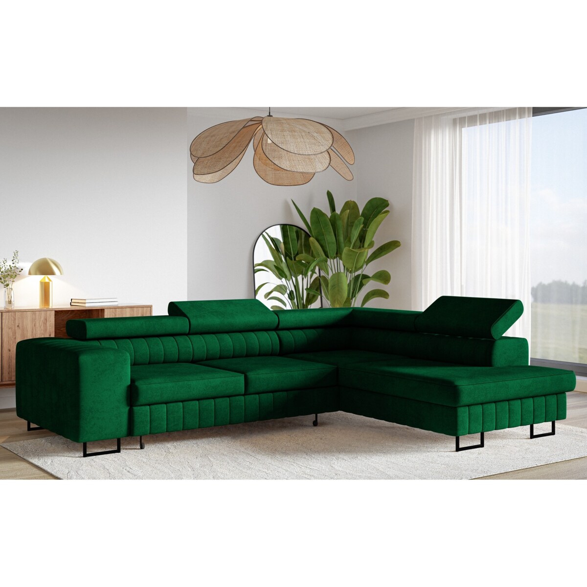 Narożnik NOLA do salonu, regulowane zagłówki-prawostronny- butelkowa zieleń