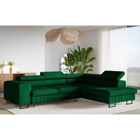 Narożnik NOLA do salonu, regulowane zagłówki-prawostronny- butelkowa zieleń