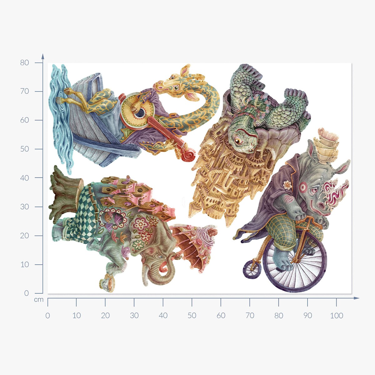 Zestaw naklejek na ścianę, Pastelowe bajkowe stworzenia, 80cm