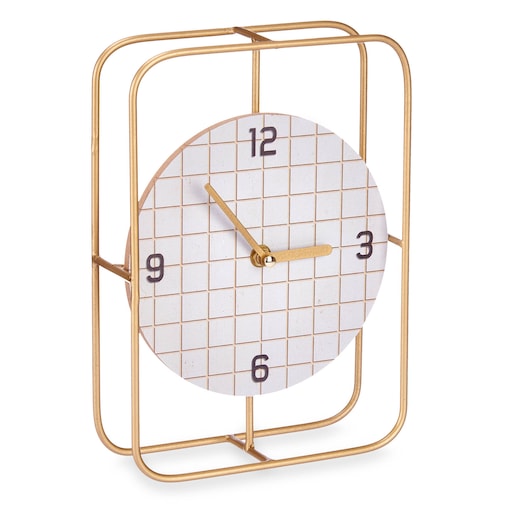 Zegar na komodę z tarczą w kratę i złotymi wskazówkami, 18,5 x 25,5 cm