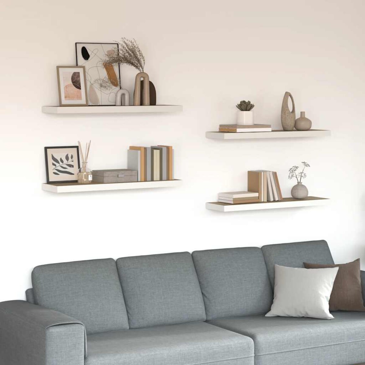 vidaXL Półki ścienne, 4 szt., dębowo-białe, 80x23,5x3,8 cm, MDF