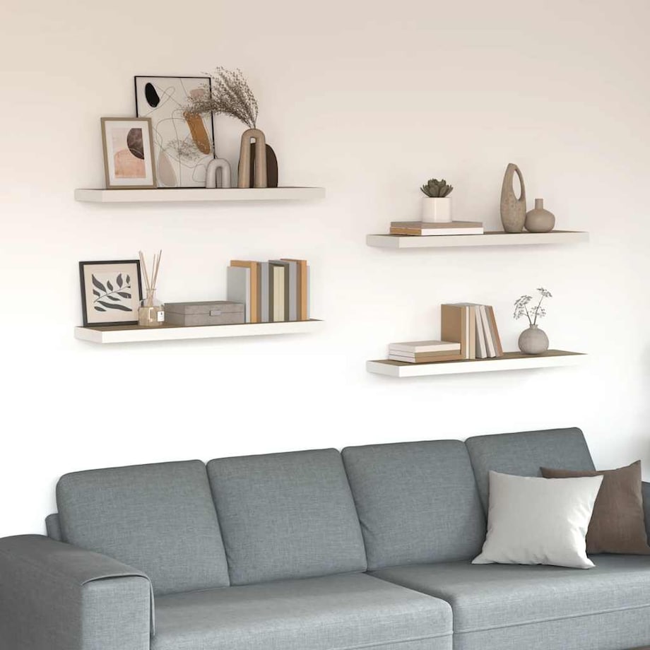 vidaXL Półki ścienne, 4 szt., dębowo-białe, 80x23,5x3,8 cm, MDF