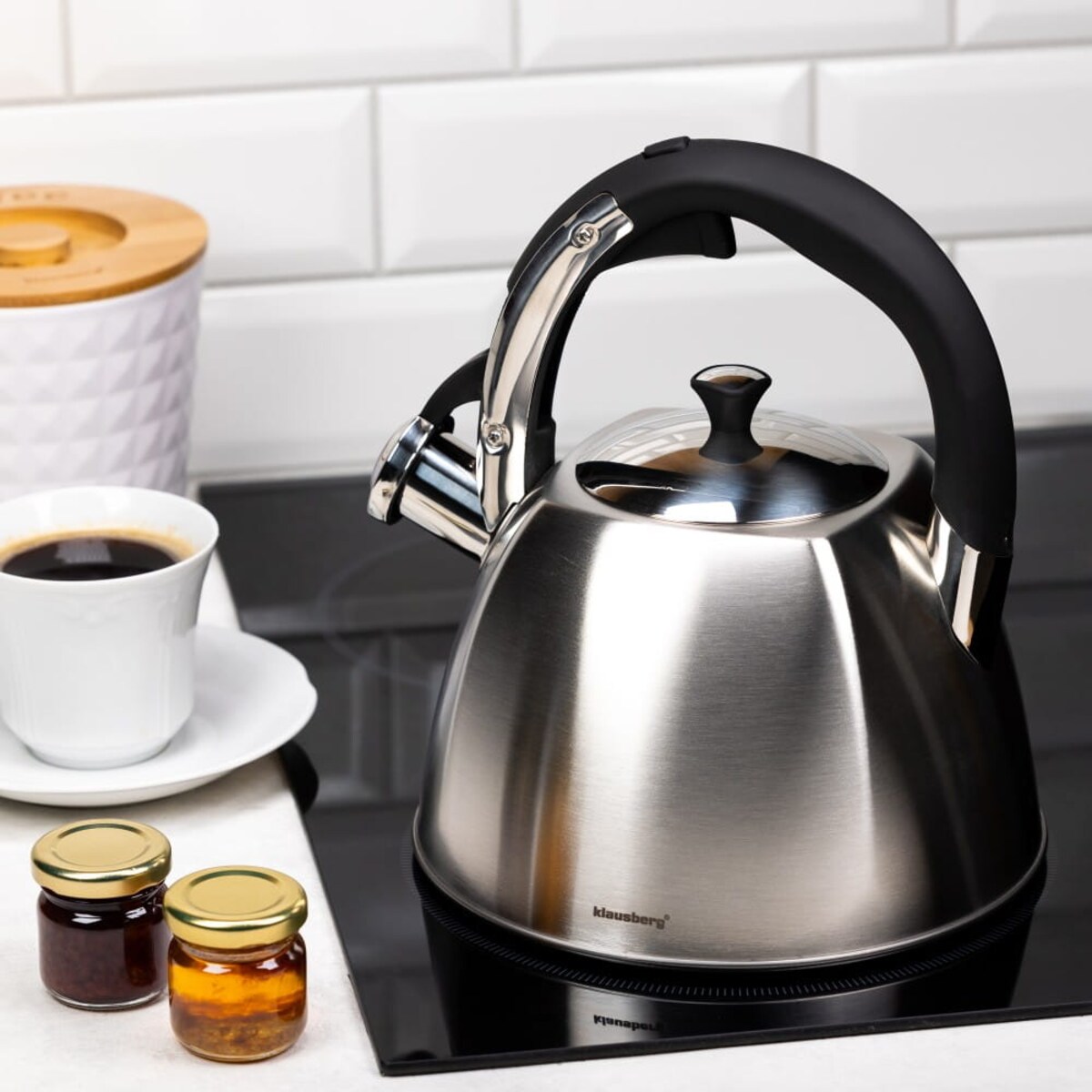 Czajnik stalowy z gwizdkiem na gaz indukcję Inox srebrny KLAUSBERG 3.0L