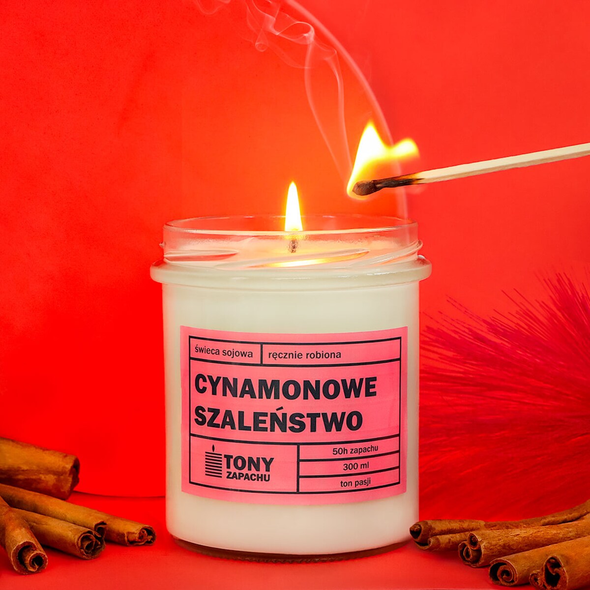 Świeca sojowa naturalna zapachowa CYNAMONOWE SZALEŃSTWO - najlepsza aromatyczna bezpieczna ręcznie robiona w szklanym słoiczku 300ml 50h palenia na prezent upominek