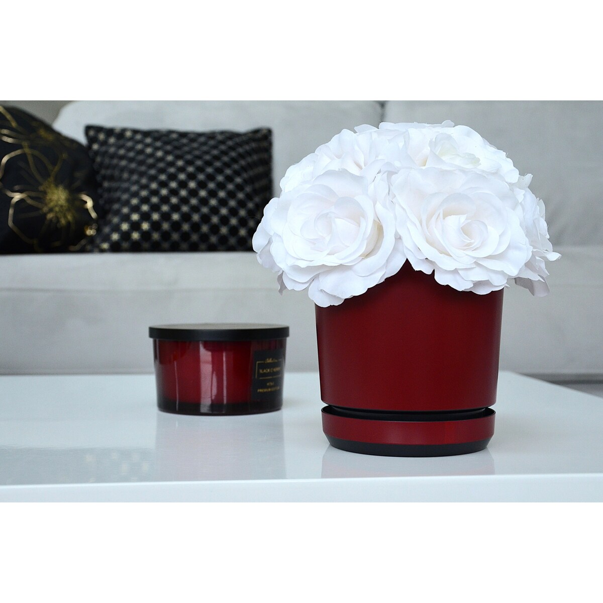 14 Doniczka z podstawką wzór BORDOWY nowoczesna z połyskiem elegancka pół mat