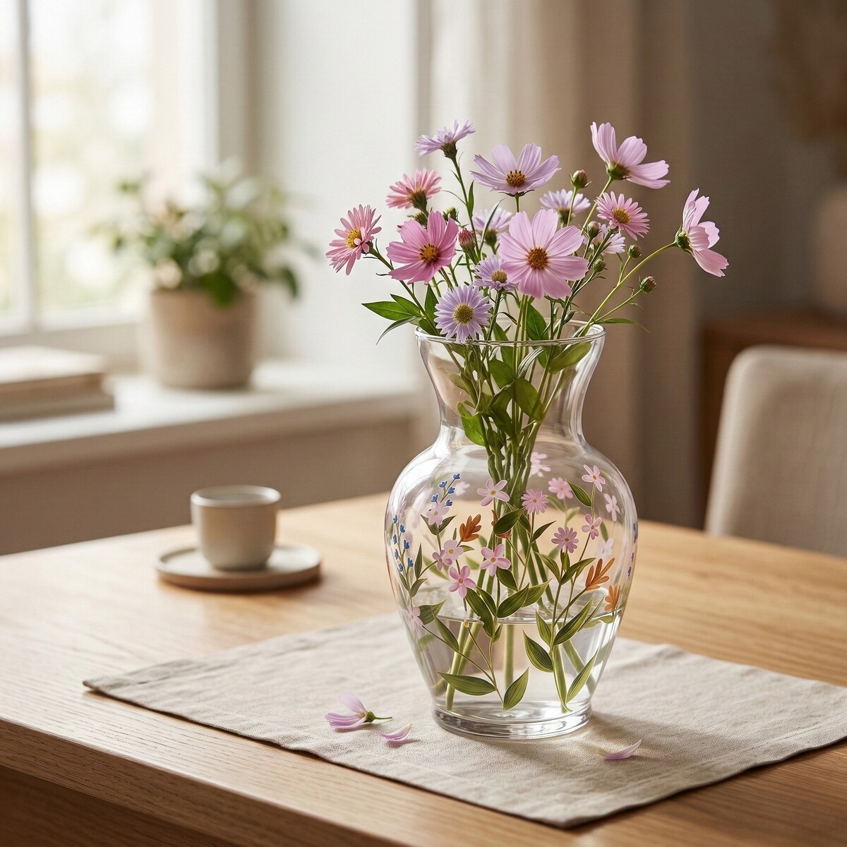 Szklany wazon na kwiaty, z wzorami kwiatowymi, 16.5 x 16.5 x 27 cm