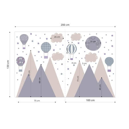 NAKLEJKI NA ŚCIANĘ DLA DZIECI FIOLETOWE GÓRY CHMURKI BALONY GWIAZDY ZESTAW