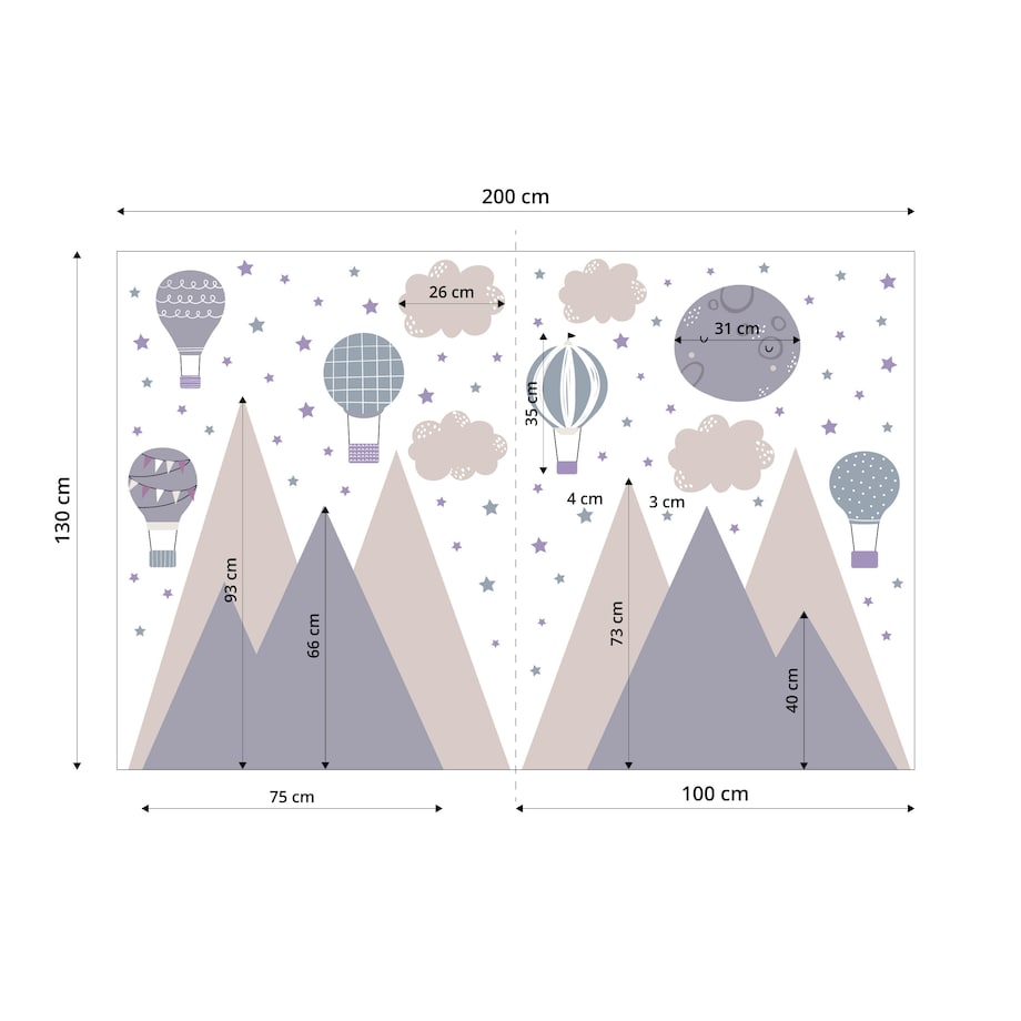 NAKLEJKI NA ŚCIANĘ DLA DZIECI FIOLETOWE GÓRY CHMURKI BALONY GWIAZDY ZESTAW