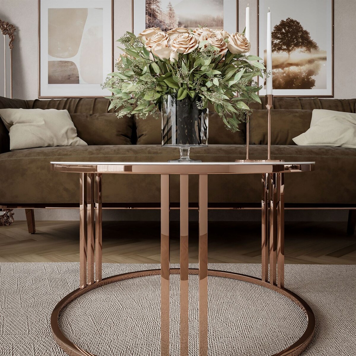 Okrągły stolik kawowy LORI GLASS z miedzianym stelażem, białe szkło