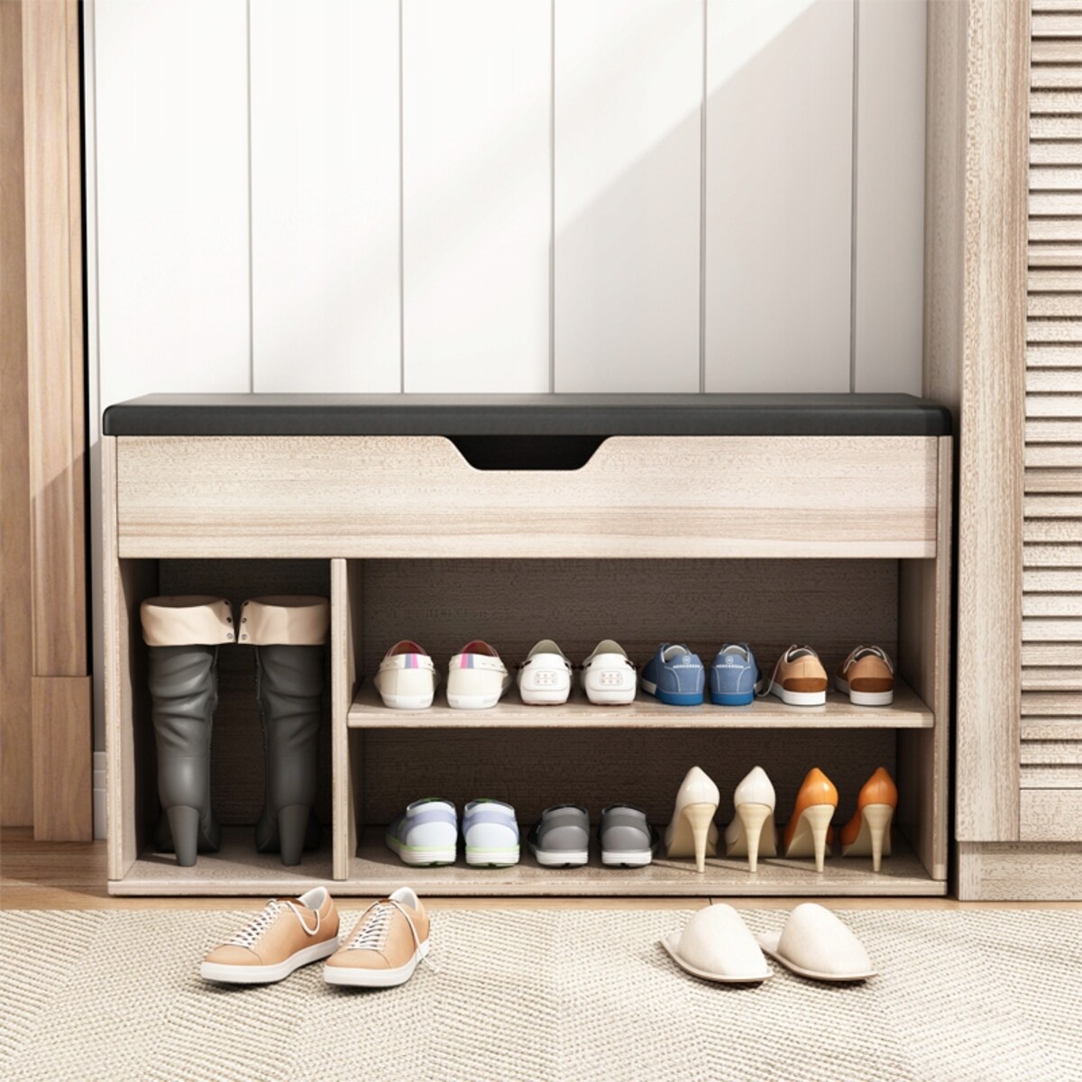 Szafka na buty z siedziskiem drewniana schowek 2 półki otwierana jasny dąb