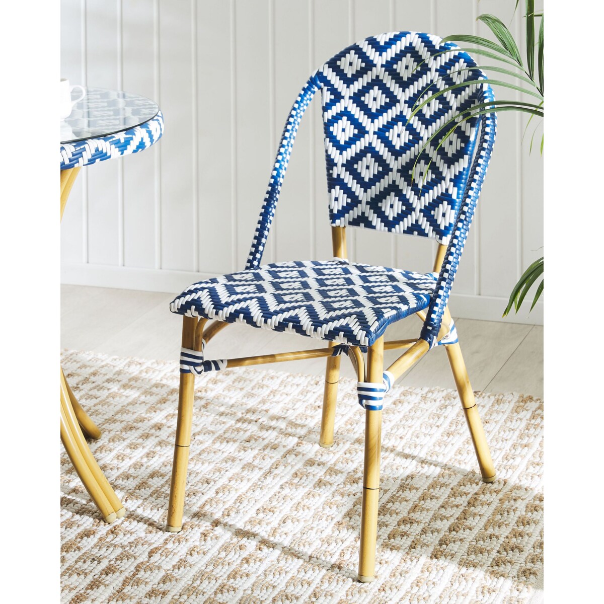 Zestaw 4 krzeseł ogrodowych z technorattanu wzór niebiesko-biały RIFREDDO