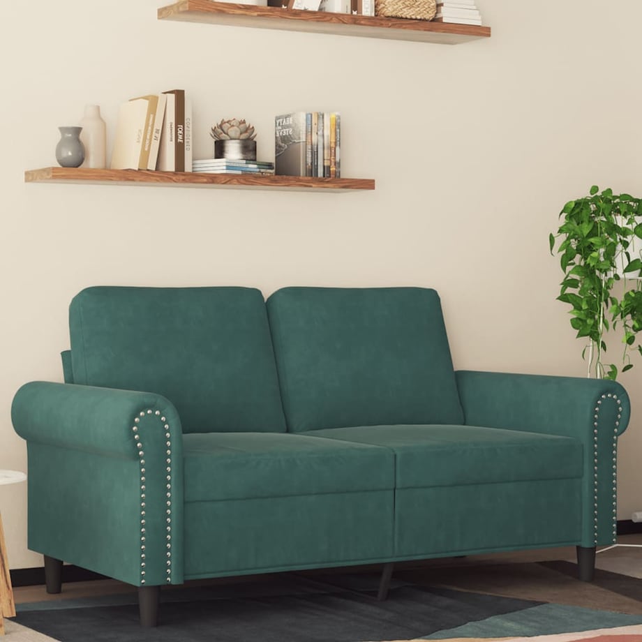 vidaXL Sofa 2-osobowa, ciemnozielona, 120 cm, tapicerowana aksamitem