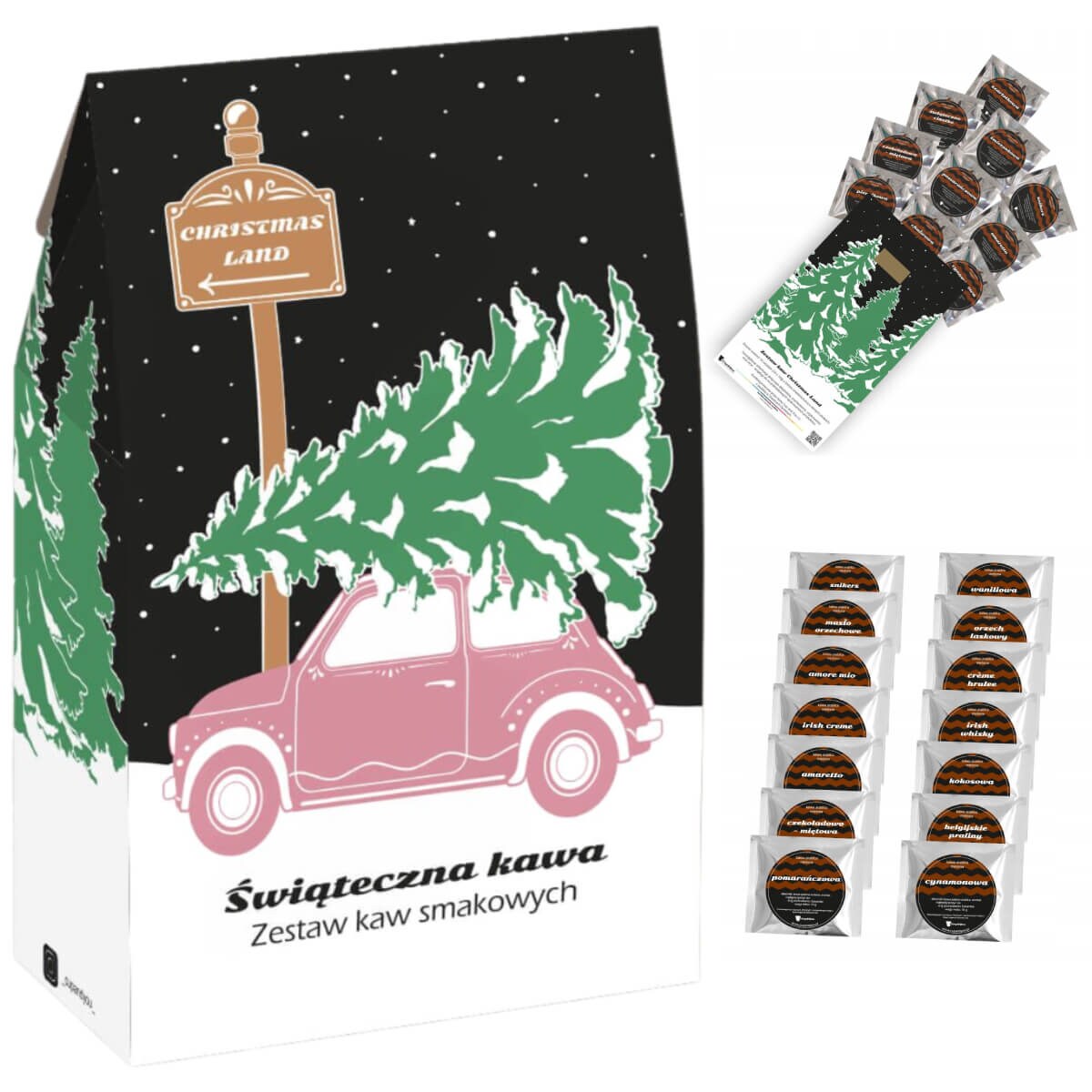 Gotowy zestaw prezentowy „Christmas Land“ kawa smakowa aromatyzowana mix 10 szt. prezent upominek pod choinkę dla kobiety faceta mężczyzny mamy taty chłopaka dziewczyny żony męża