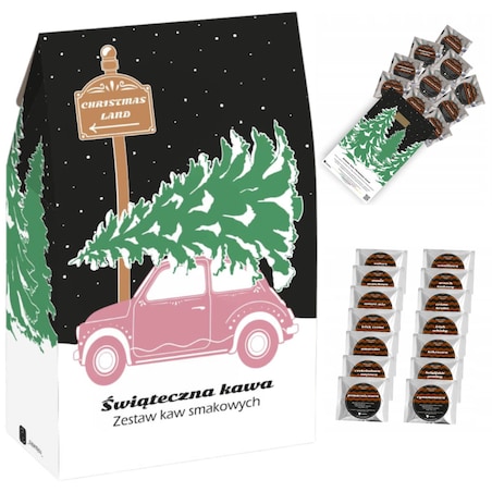 Gotowy zestaw prezentowy „Christmas Land“ kawa smakowa aromatyzowana mix 10 szt. prezent upominek pod choinkę dla kobiety faceta mężczyzny mamy taty chłopaka dziewczyny żony męża