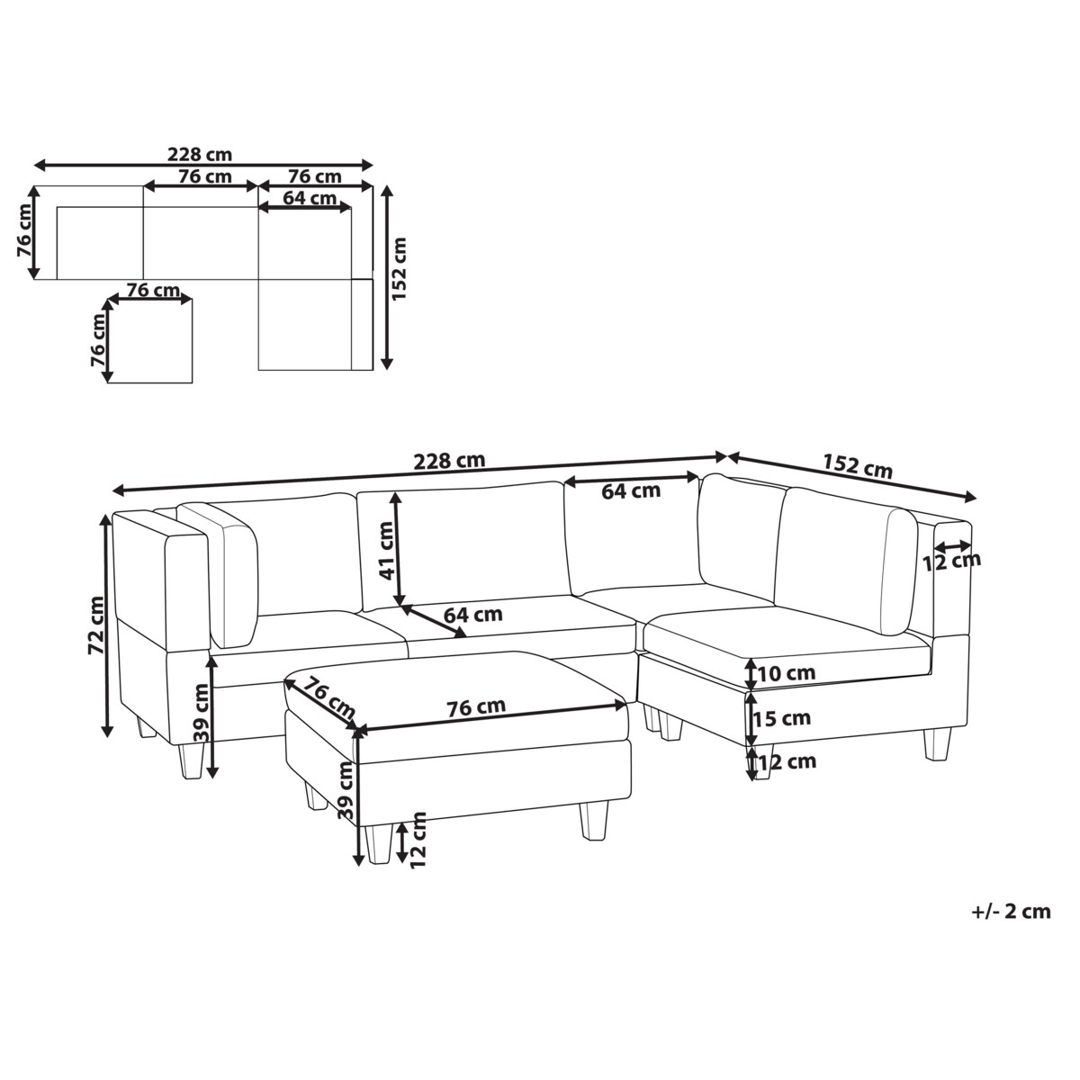 Tapicerowany lewostronny narożnik modułowy 4-osobowy z otomaną czarny UNSTAD