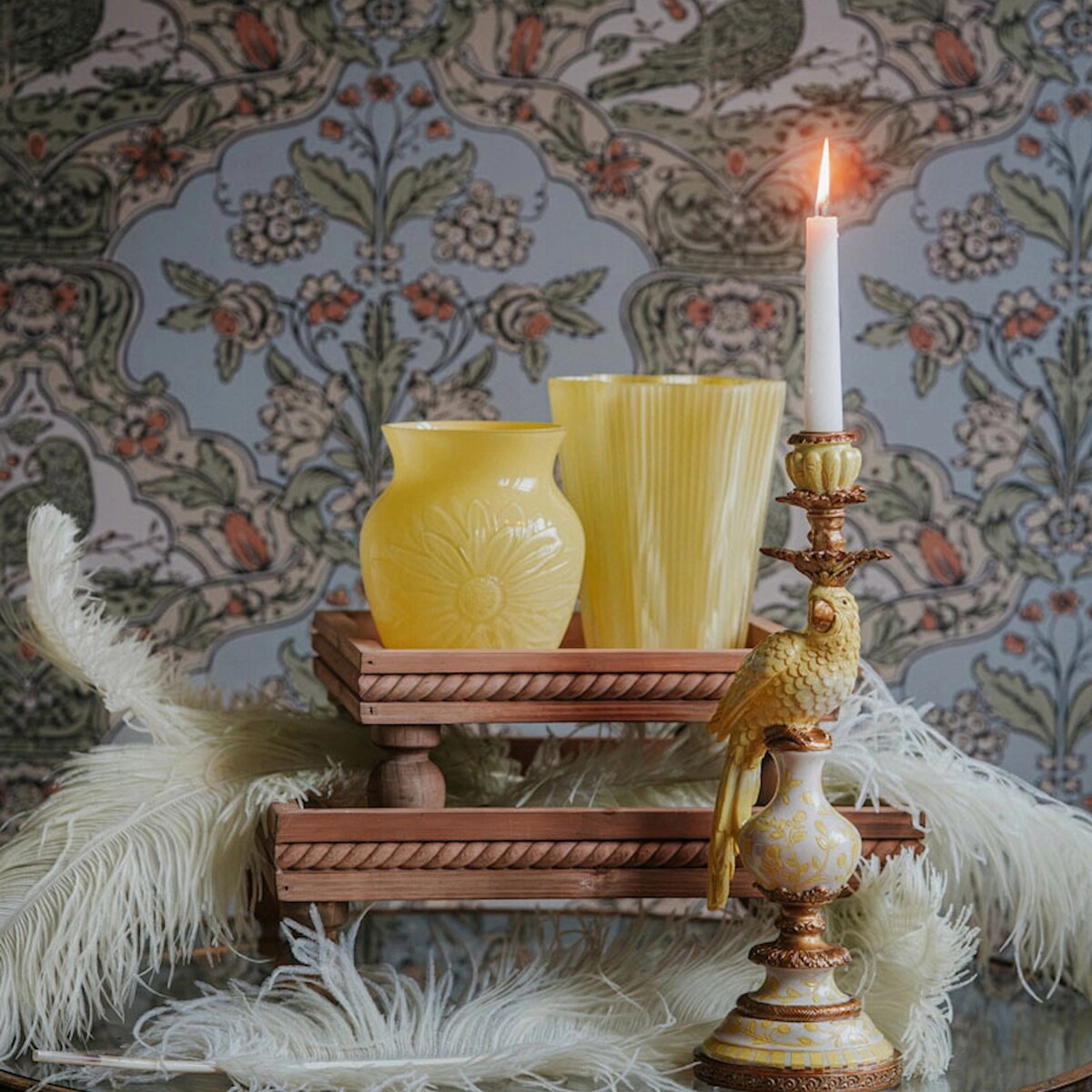 WAZON SZKLANY 20cm ŻÓŁTY NA KWIATY BUKIET RÓŻE DO SALONU DOMU BOHO RETRO