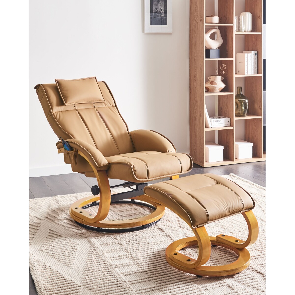 Fotel z masażem MAJESTIC Z podnóżkiem Ekoskóra Jasnobrązowy