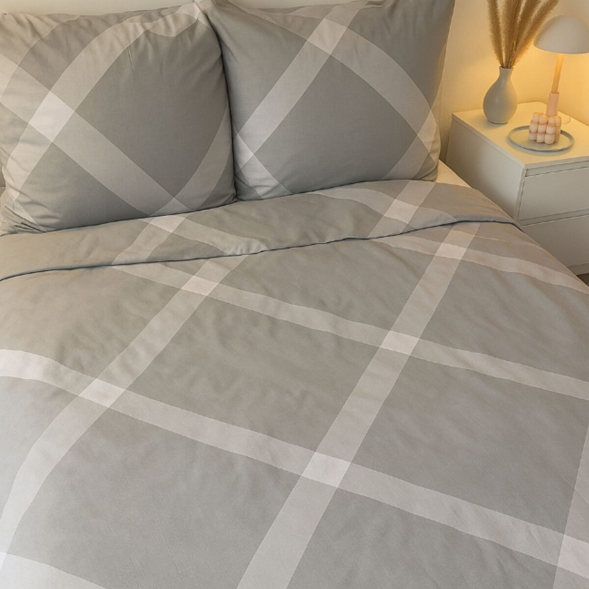 Pościel bawełniana satynowa 200x220 cm Szara Krata Polska