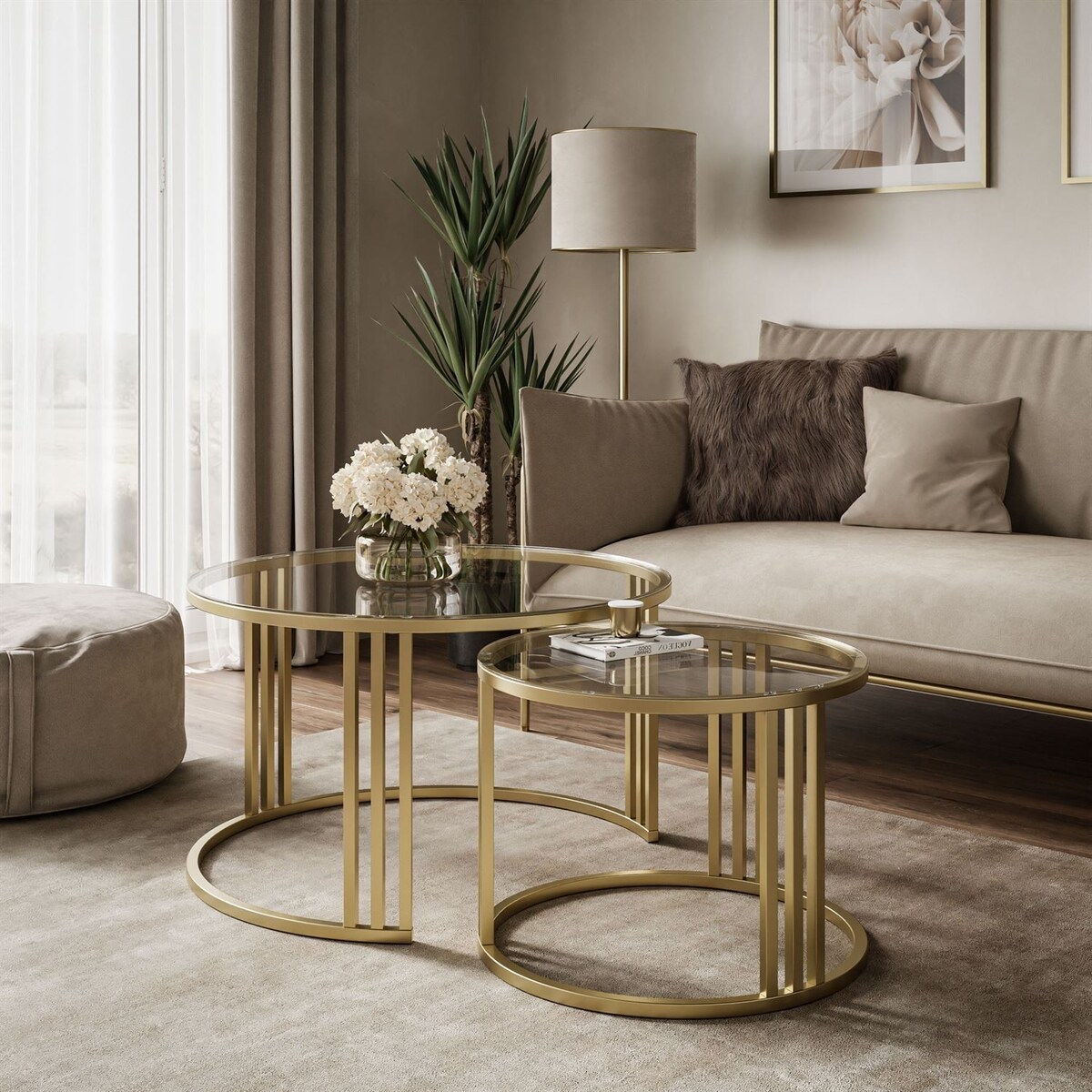 Okrągły stolik kawowy 2w1 LORI GLASS złoto szczotkowane, blat przezroczyste szkło