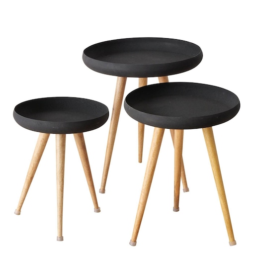 Stoliki kawowe loftowe z czarnym blatem i nogami z drewna mango MASDOUR, 3 sztuki