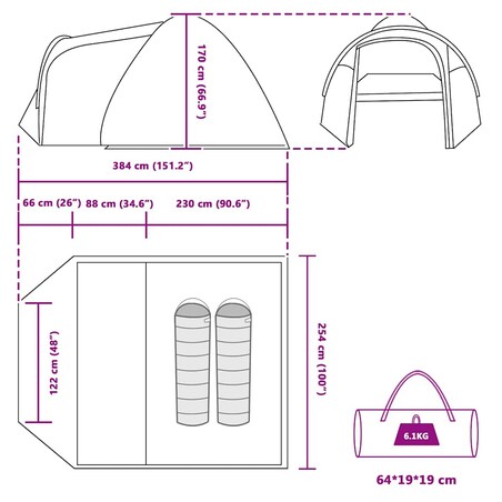 vidaXL Namiot kopułowy z dachem Inny Zielony 384 x 254 x 170 cm