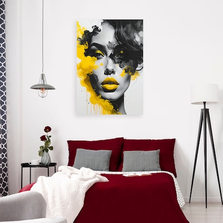 Obraz do salonu sypialni biura, Portret kobiety z elementami żóltego koloru 80x120 cm