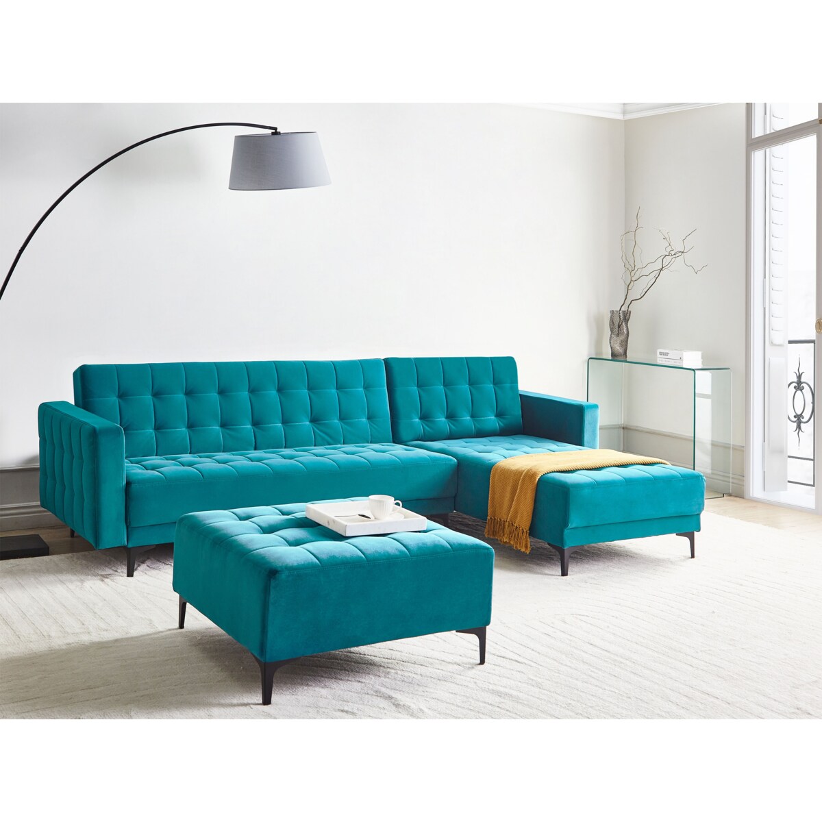 Sofa rozkładana lewostronna welurowa z otomaną morska ABERDEEN