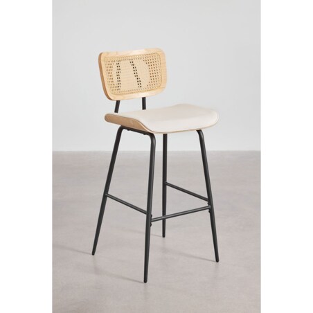 Krzesło barowe z drewna, rattanu i ekoskóry białej Raysa naturalne 75 cm