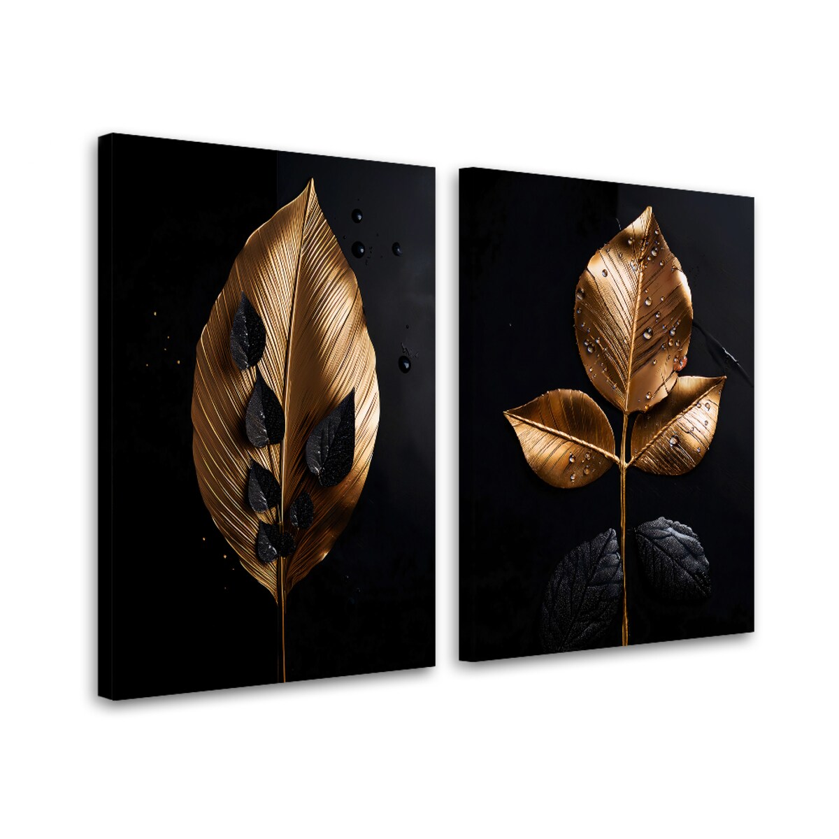 Obrazy sety 2 szt nowoczesne do salonu sypialni loftu spa biura ścienne Złote Liście Glamour Czarny 160x120 (2x80x120)