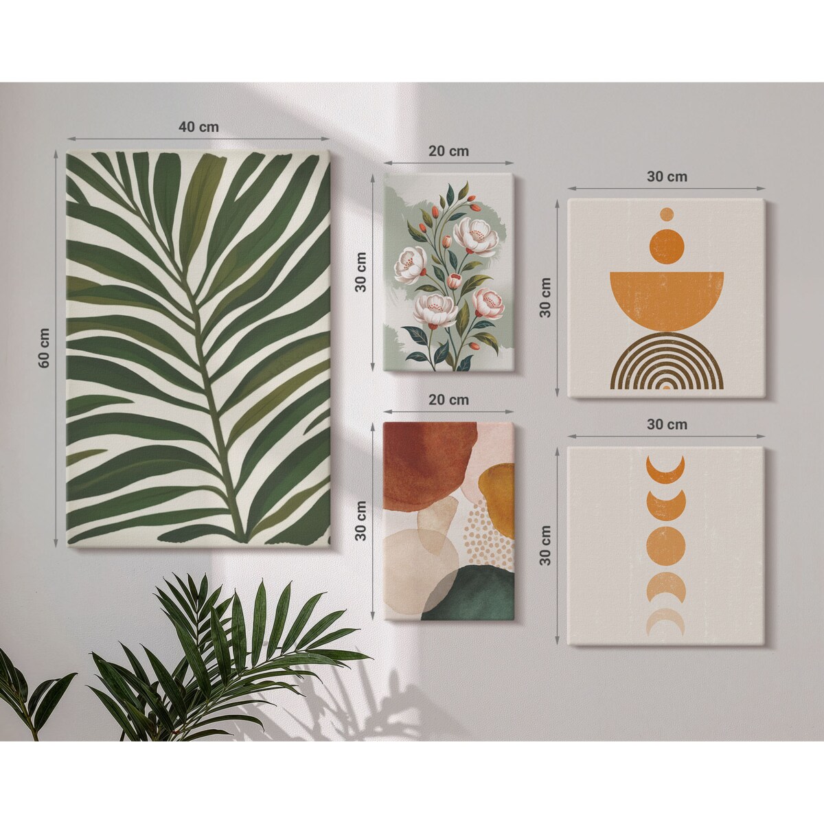 Zestaw 5 obrazów na płótnie - Roślinne wzory boho kształty - zielony